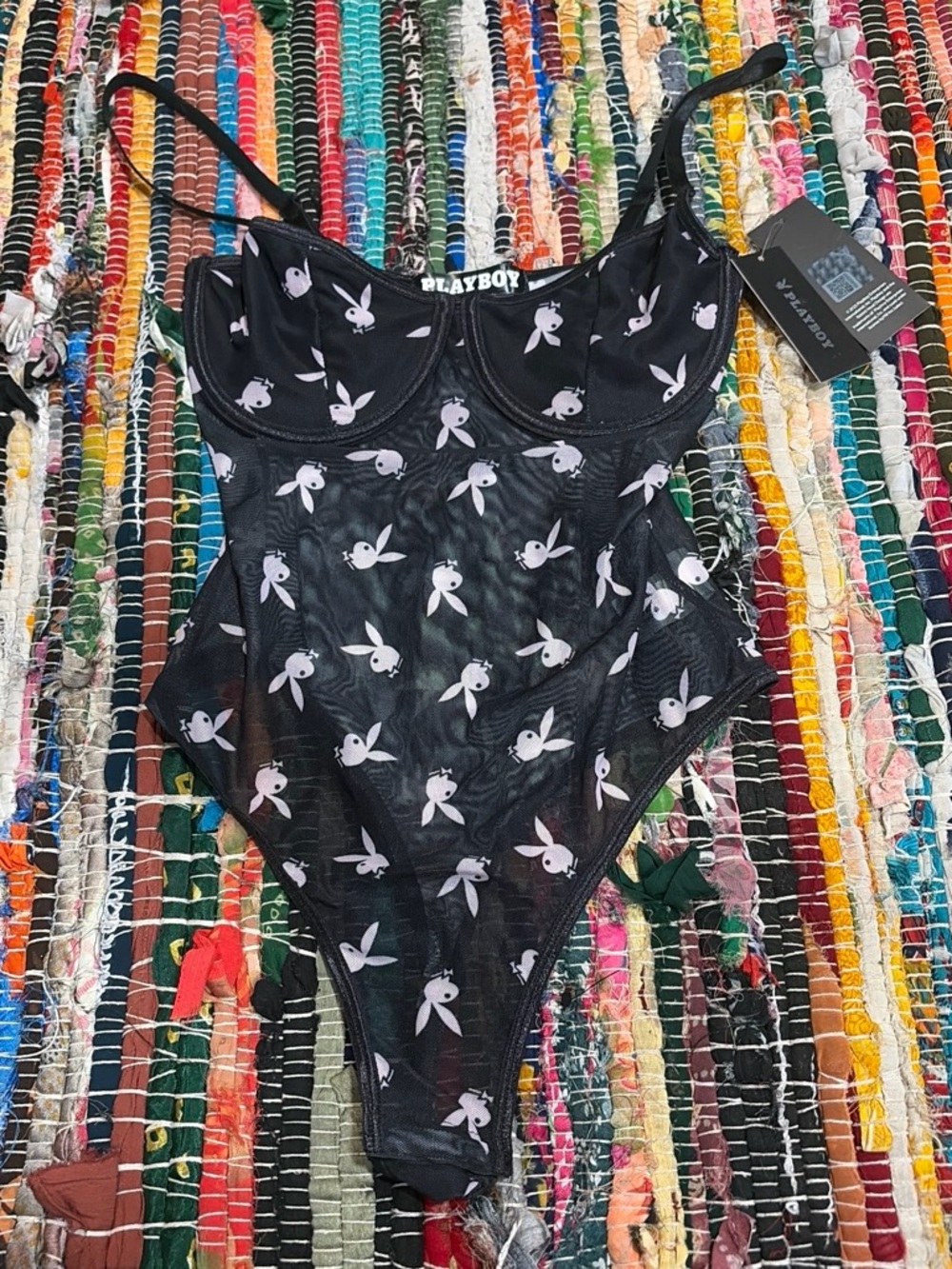 Playboy Black Mesh Logo One-Piece bodysuit